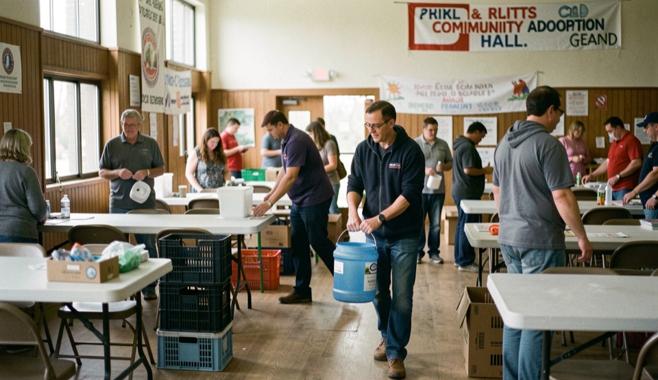 A community hall adoption event with folding tables, crates and banners, volunteers carrying a water bucket between rows
