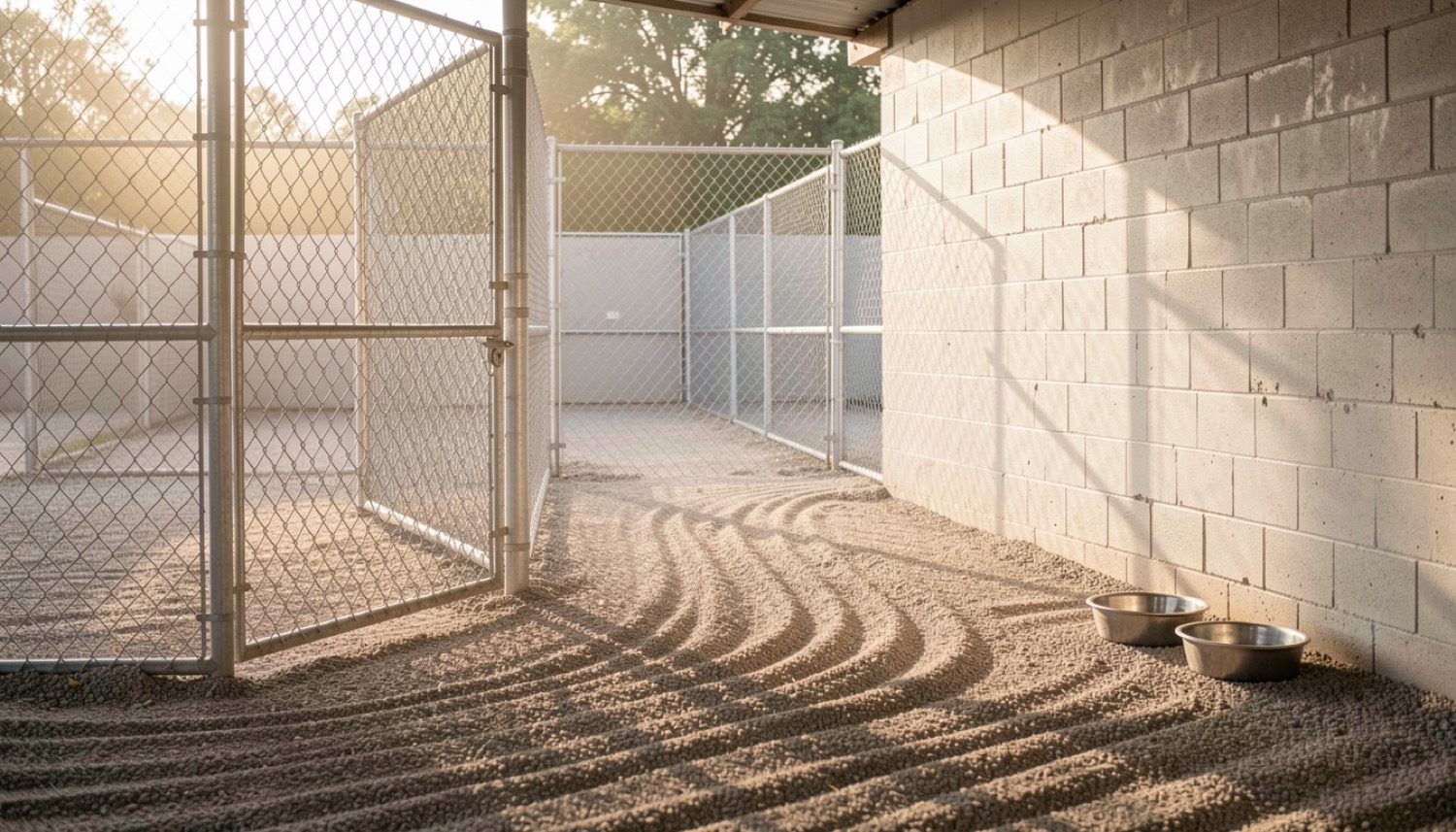 Morning light across an empty shelter exercise yard, a chain link gate standing open onto raked gravel and two steel bowls by the wall
