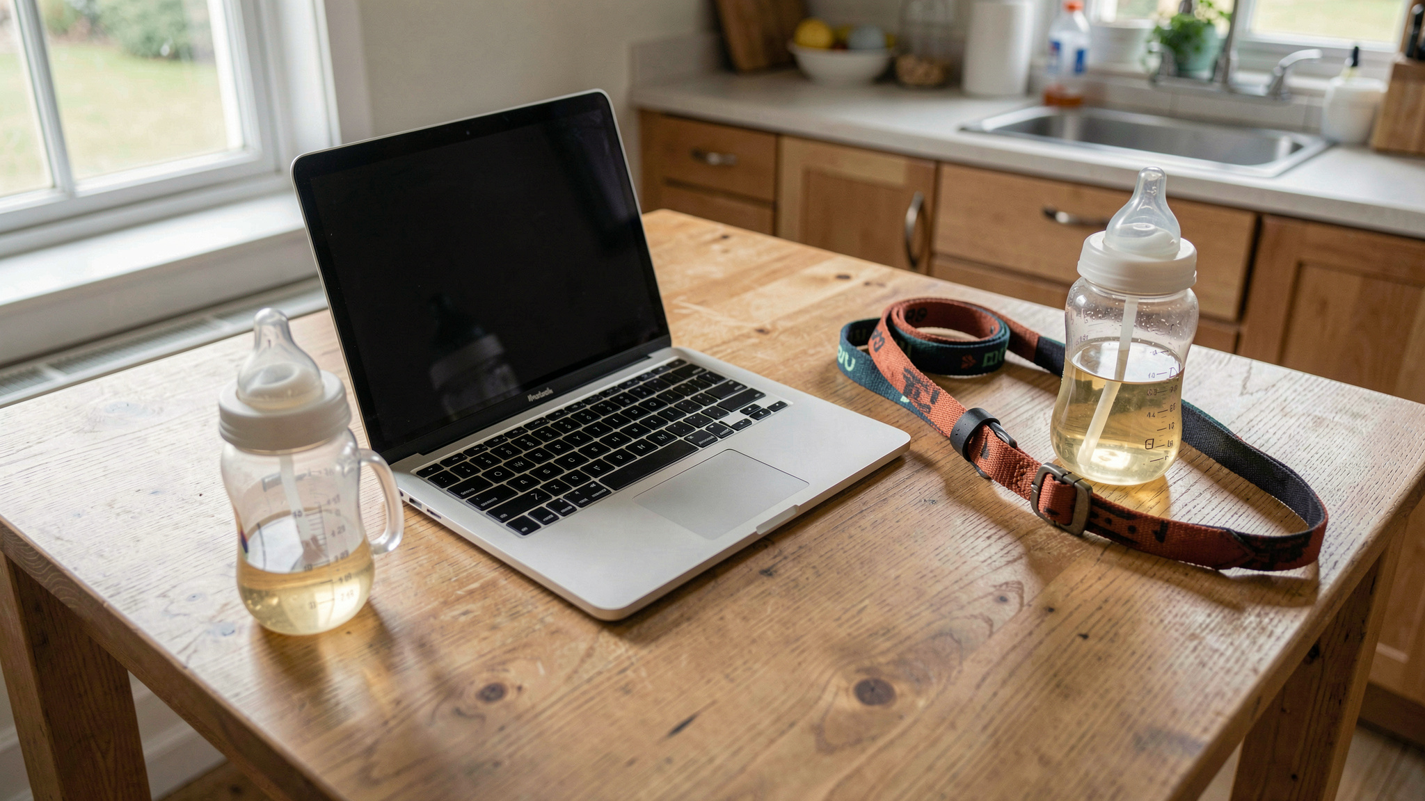 A laptop open on a kitchen table beside a baby bottle and a dog leash, morning light through a window, shot from above at a slight angle.