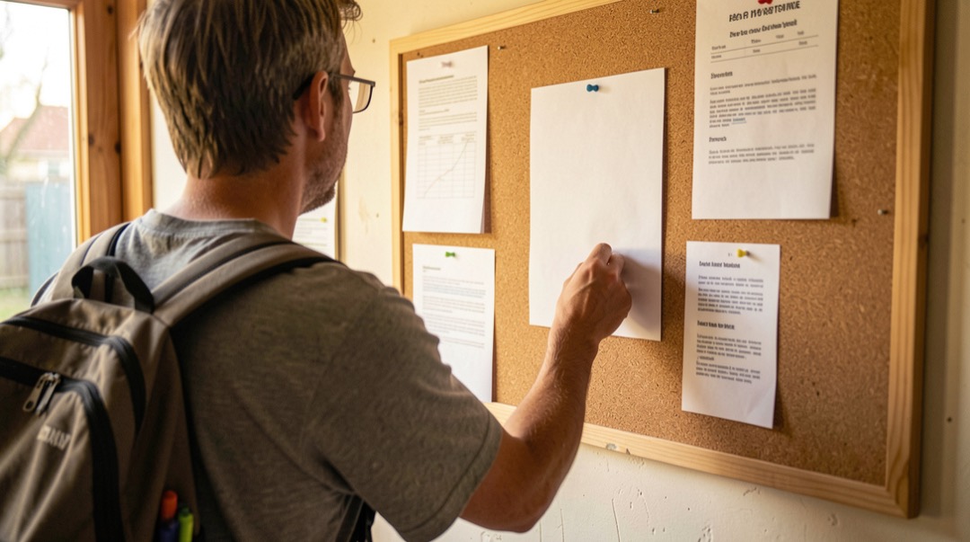 A shelter noticeboard with a pinned volunteer rota and a handwritten list of open roles, a volunteer reading it with a lead over one shoulder