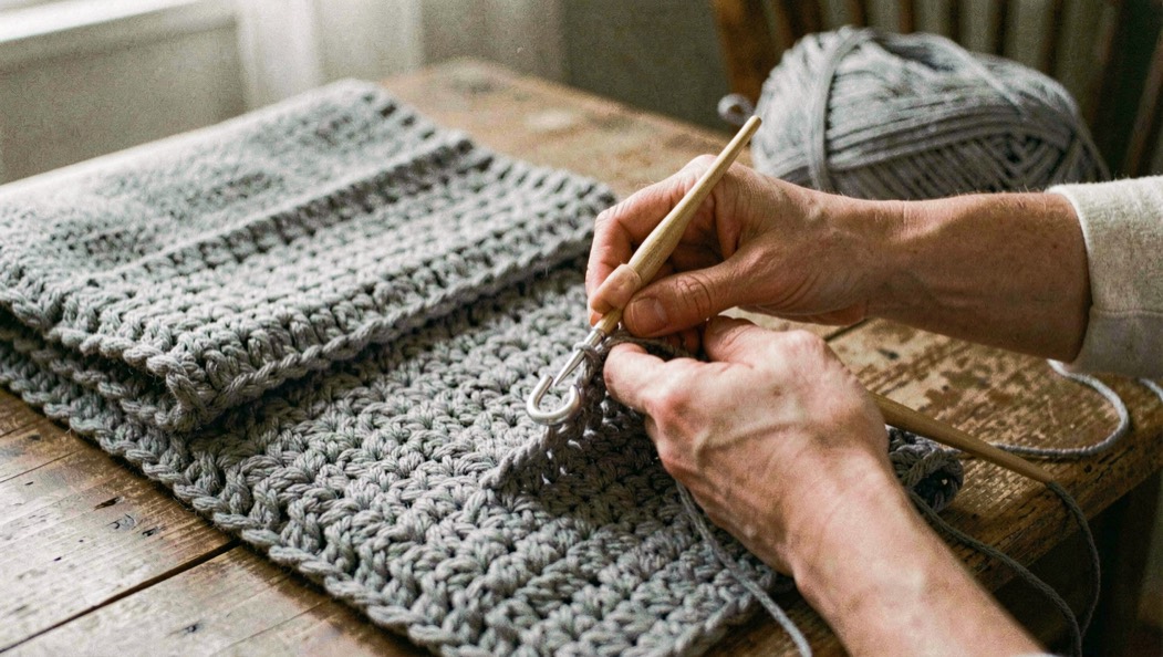 Hands crocheting a dense grey blanket square with a large hook, a finished folded blanket and a ball of acrylic yarn on a wooden table