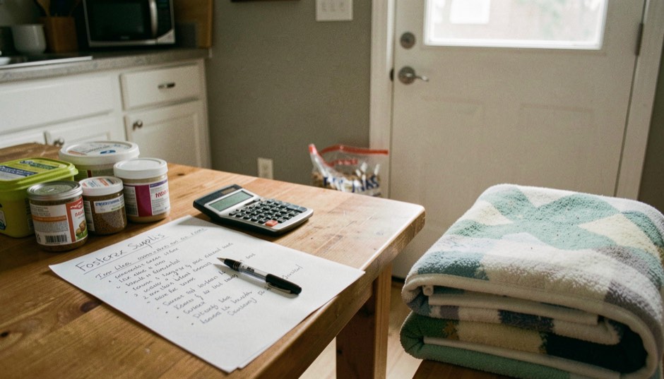 A kitchen table with a written list of foster supplies beside a calculator, a folded blanket and a bag of kibble waiting by the door