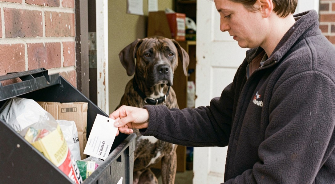 A volunteer in a fleece jacket clipping a paper tag onto a donations bin at a shelter entrance, a brindle dog watching through a door behind