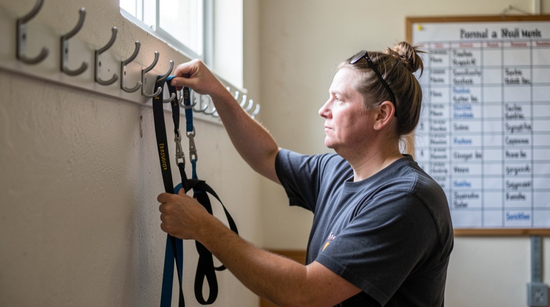 A laminated weekly rota pinned on a shelter corridor board, names pencilled into time slots, a volunteer hanging a lead back on its hook