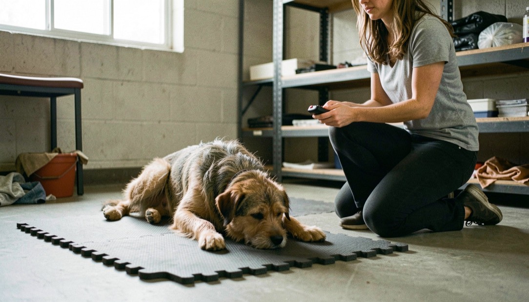 A scruffy mixed breed dog practicing a down stay on a rubber mat in a quiet shelter room, a volunteer kneeling with a clicker