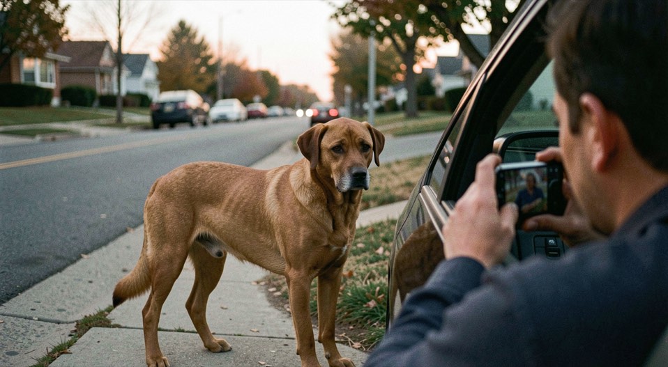 A wary brown dog standing at the edge of a suburban street at dusk, a person photographing it from a car window