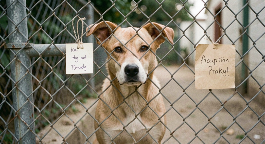 A shelter dog behind chain link looking straight at the camera, one ear up, a handwritten adoption card clipped to the fence