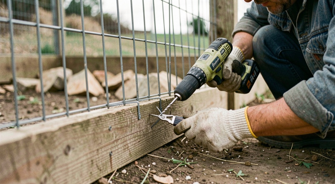 A person in work gloves fixing the bottom rail of an outdoor kennel fence with zip ties and a cordless drill