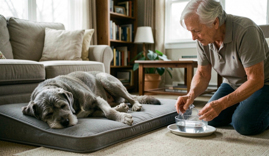 A grey muzzled senior dog asleep on an orthopedic bed in a quiet living room while an older volunteer refills a water bowl